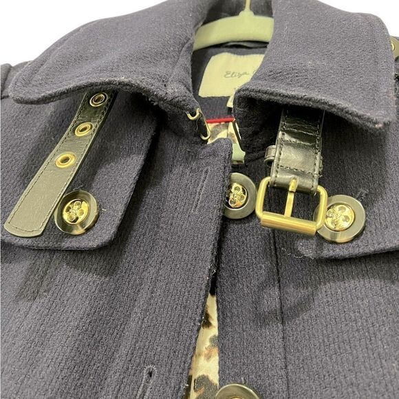 Eliza J Wool-Blend Coat - Navy, Size XS, Belted, Gold Buttons, Leopard Lining - Picture 3 of 13